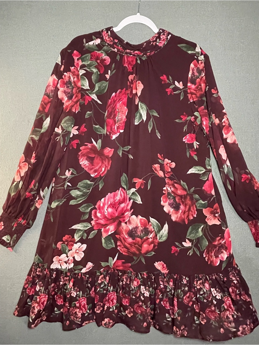 Alex Marie Burgundy Floral Dress Size 14 NWT Tie Neck Ruffle Hem